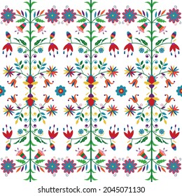 Ethnic floral composition isolated on white background. Mexican traditional Otomi Tenango embroidery style. For card, cover, flyer, banner, boho textile. Vector seamless pattern.