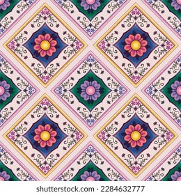 Patrón étnico de damasco floral sobre fondo beige, patrón sin fisuras Diseño tradicional para fondo, baldosa, alfombra, papel pintado, ropa, envoltura, batik,tela. Estilo de bordado de ilustración