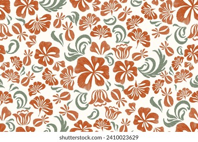 Ethnic Floral ditsy pattern seamless embroidery vintage Ikat style. Boho Flower motifs background border design for fabric print template. Vektor Stok