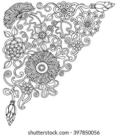 Ethnic floral doodle background in vector. Henna paisley design tribal design element. Black and white pattern for coloring book for adults, any other kind of design, birthday, kaleidoscope, yoga.