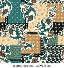 Ethnic, floral and geometric motifs fabric patchwork abstract vector seamless pattern