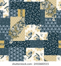 Ethnic, floral and geometric motifs fabric patchwork abstract vector seamless pattern