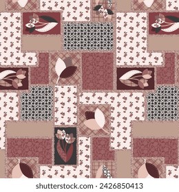 Ethnic, floral and geometric motifs fabric patchwork abstract vector seamless pattern