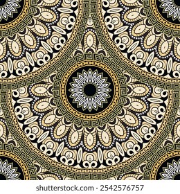 Mão floral étnica desenhada círculo colorido mandalas padrão de tecido sem costura com moldura, borda, flores abstratas, chave grega meander.  Plano de fundo vetorial ornamentado. Repita os ornamentos modernos. Textura sem fim.