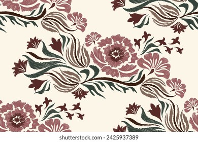 Ethnic Floral ikat pattern border seamless. Vintage Rose flowers design paisley embroidery with floral motifs. Ethnic pattern oriental traditional. Ikat pattern seamless vector illustration. 