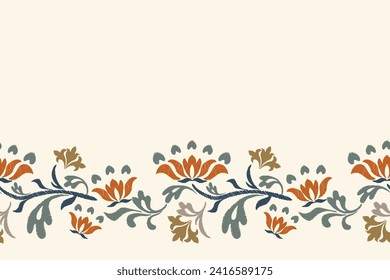 Floral Ikat patrón bordado loto flor motivos vintage retro diseño marco de fondo de borde para tejidos de plantilla de impresión. Ilustración vectorial dibujada a mano. 