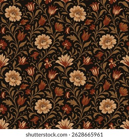Padrão de ikat floral étnico com flores vintage desenhadas à mão e folhas em fundo preto. Design têxtil botânico decorativo sem costura para tecido, papel de parede e decoração retro.