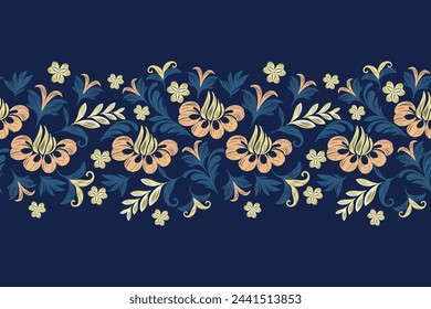 Ethnic Floral Ikat pattern paisley seamless embroidery on dark background. Silhouette flower motif traditional. Bohemian style abstract vector illustration ethnic design.