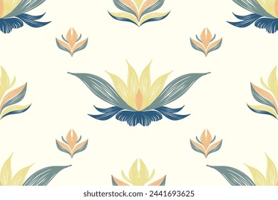 Ethnic Floral Ikat pattern paisley seamless embroidery on white background. Lotus flower motif traditional. Bohemian style abstract vector illustration ethnic design.