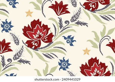Floral ikat patrón borde sin fisuras.Flores azules pasteles Ikat diseño paisley bordado con motivos florales. Patrón étnico oriental tradicional. Ikat patrón de ilustración vectorial sin fisuras. 