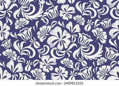 Ethnic Floral Ikat pattern seamless paisley embroidery on indigo blue background. Silhouette flower motif  border ethnic Baroque style abstract vector illustration vintage design for print template.