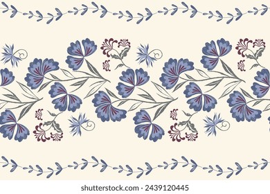 Patrón de ikat floral étnico sin fisuras. Flores azules diseño bordado paisley con motivos florales. Vintage oriental tradicional ilustración vectorial de flores. 