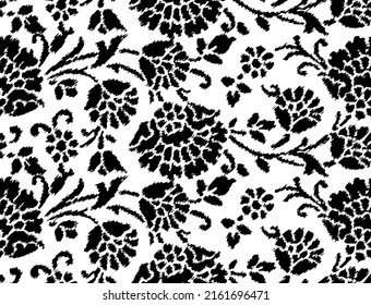 Ethnic Floral Ikat Seamless Pattern.  Floral Bohemian, Indian  Elements. Vintage  Black And White Background.