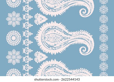 Ethnic floral Indian seamless in a cream on a sky blue background. Floral Ikat pattern embroidery border.Motifs African boho paisley.Aztec traditional textile design. Illustration for fabric, textile