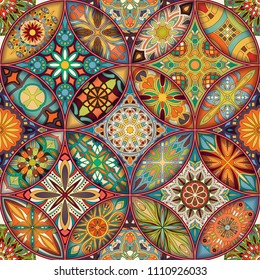 Ethnic floral mandala seamless pattern. Colorful mosaic background