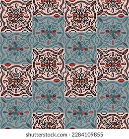 Ethnic floral mosaic tile. Abstract geometric ornamental seamless pattern. Vintage decorative ornament. Design for fabric, textile print, wrapping paper, cover.