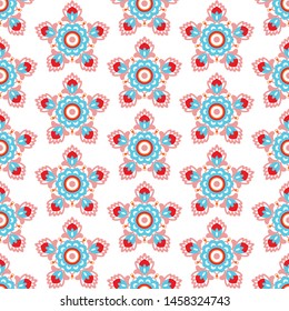Ethnic floral ornament pattern. Blue and red colored abstract flowers on white background. Folk style illustration