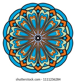 Ethnic floral ornamental mandala. Decorative art-deco design element. Hand drawn color vector illustration.
