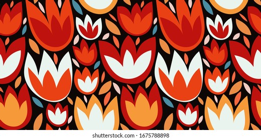 Ethnic floral pattern with abstract Tulip flowers, leaves on a dark (black) background. Stylized folk onament with plant elements. Hand-drawn Botanical texture. Vector template for prints, covers...