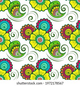 Ethnic floral pattern. Colourful Rangoli design. Seamless Vector illustration