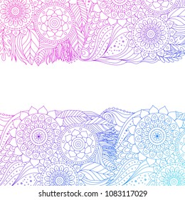 Ethnic floral pattern with mandalas. Boho design. Pink and blue ornament border on white background, line art, for greeting card, invitation. Vector illustration.