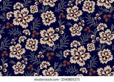 Ethnic Floral pattern paisley embroidery on dark black blue background. Ikat flower motif vintage oriental seamless pattern traditional. Aztec bohemian style abstract vector illustration boho.