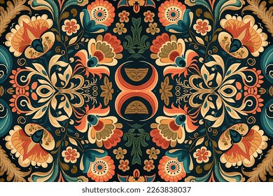 Ethnic floral pattern seamless background. Abstract traditional folk old ancient antique tribal ethnic flower graphic line. Ornate elegant luxury vintage retro style texture textile fabric backdrop.