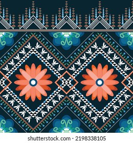 Ethnic floral pattern traditional embroidery style. Geometric orange flower on purple background. Design for clothing, fabric, wrapping, batik, carpet, wallpaper. Abstract Asian concept illustration.