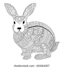 Ethnic floral patterned rabbit, Black and white hand drawn doodle style illustration.