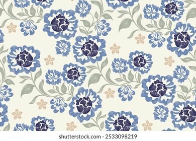 Antiguas Patrones florales bordados de fondo sin fisuras étnico batik retro. Motivos florales paisley batik. Silueta azul índigo acuarela flores ikat diseño dibujado a mano. Ilustración vectorial. 