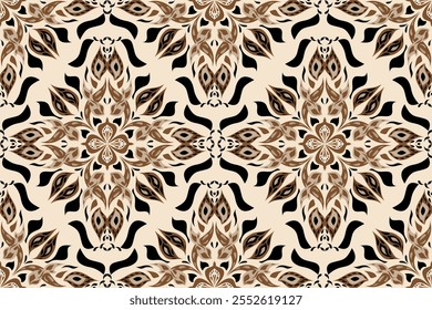 Ethnic Floral patterns seamless background border embroidery ethnic batik retro. Flower motifs paisley batik. Brown silhouette geometric flowers ikat design hand drawn. Vector illustration. 