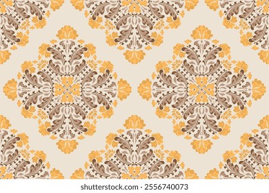 Ethnic Floral patterns seamless background border embroidery ethnic batik retro. Flower motifs paisley batik. Brown silhouette geometric flowers ikat design hand drawn. Vector illustration. 