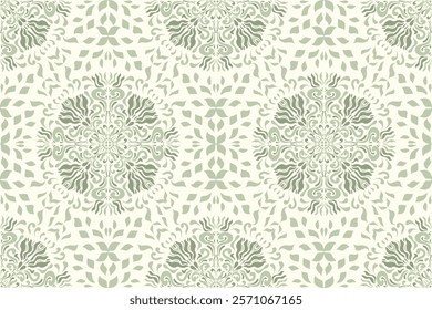 Ethnic Floral patterns seamless background border embroidery ethnic batik retro. Flower motifs paisley batik. Green silhouette geometric flowers ikat design hand drawn. Vector illustration. 