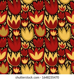 Ethnic floral print with rich red, gold abstract flowers on a dark (black) background. Flowery folk print for fashion fabrics, design, Wallpaper, interior ... National motives. Vector illustration.