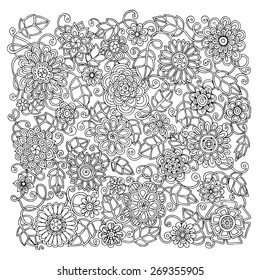 Ethnic floral retro doodle background pattern circle in vector. Henna paisley mehndi doodles design tribal design element. Black and white pattern for coloring book for adults and kids.