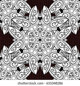 Ethnic, floral, retro, doodle, vector, tribal design element. Seamless pattern for adult coloring book. Brown background. Floral doodle. Zentangle style.