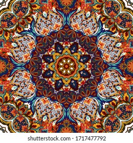 Ethnic floral seamless pattern. Abstract ornamental backdrop. Hot eatern colors. Vector
