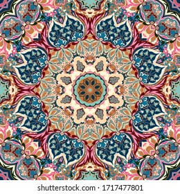 Ethnic floral seamless pattern. Abstract ornamental backdrop. Pastel blue pink beige. Vector