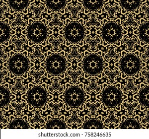 Ethnic floral seamless pattern. Abstract ornamental vector illustration. Beauty fashion design. Black, gold color
