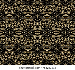 Ethnic floral seamless pattern. Abstract ornamental vector illustration. Beauty fashion design. Black, gold color