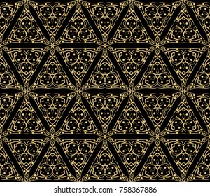 Ethnic floral seamless pattern. Abstract ornamental vector illustration. Beauty fashion design. Black, gold color