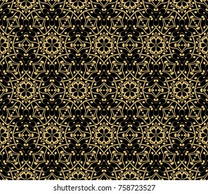 Ethnic floral seamless pattern. Abstract ornamental vector illustration. Beauty fashion design. Black, gold color