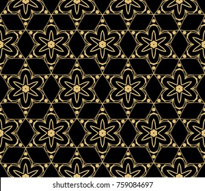 Ethnic floral seamless pattern. Abstract ornamental vector illustration. Beauty fashion design. Black, gold color