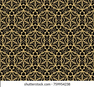 Ethnic floral seamless pattern. Abstract ornamental vector illustration. Beauty fashion design. Black, gold color