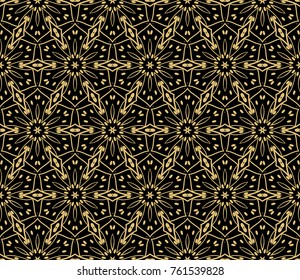 Ethnic floral seamless pattern. Abstract ornamental vector illustration. Beauty fashion design. Black, gold color