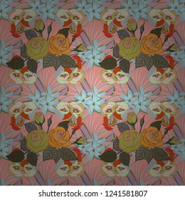 Ethnic floral seamless pattern in blue, pink and orange colors with decorative rose flowers and leaves. Vector illustration.