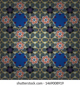 Ethnic floral seamless pattern in blue, green and yellow colors. Vector illustration.