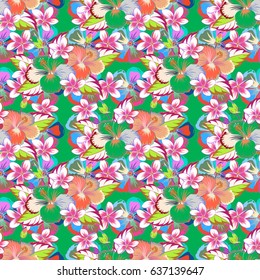 Ethnic floral seamless pattern in blue, beige and pink colors. Vector illustration.