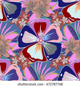 Ethnic floral seamless pattern in blue and violet colors. Vector illustration.