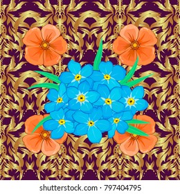 Ethnic floral seamless pattern in blue, orange and purple colors with decorative forget-me-not flowers. Vector illustration.